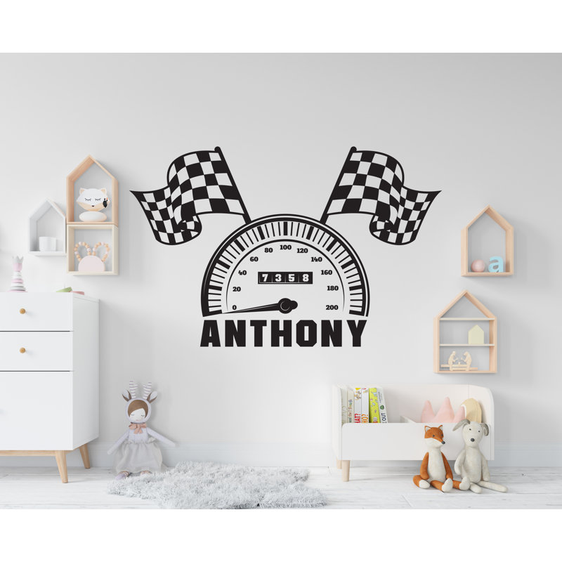 Drapeau de course indicateur de vitesse autocollant mural autocollant en vinyle sur mesure nom piste décor mural enfants salle de jeux chambre de garçons art mural autocollant de chambre 681RS