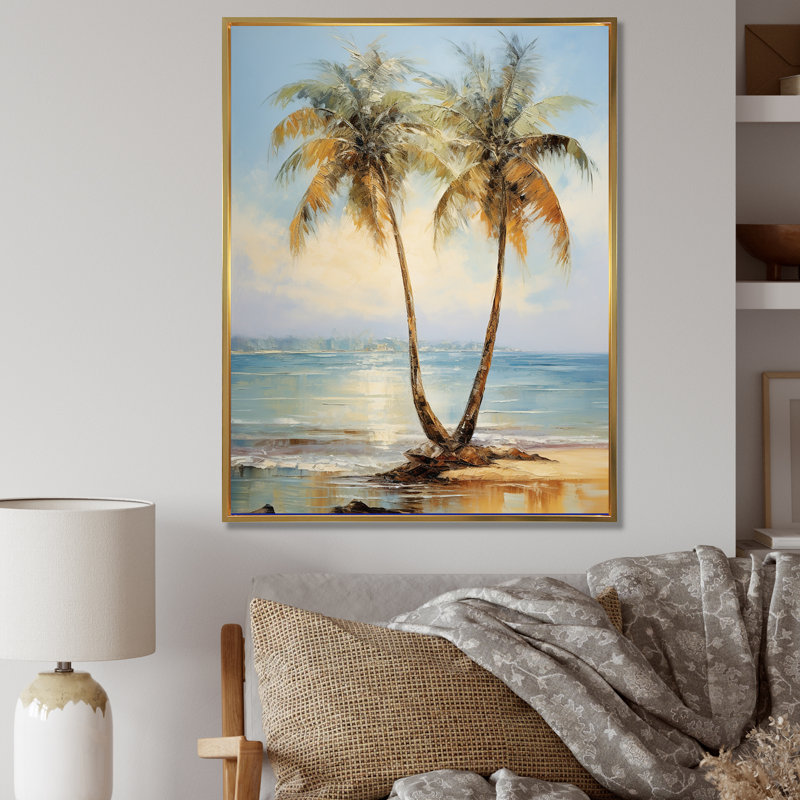 «Bronze Beach Sunny Palms Embrace», reproduction sur toile, Cadre flottant doré, H 20 po x l 12 po x P 1 po