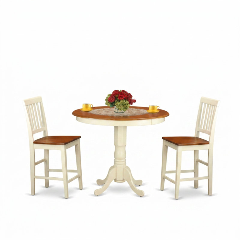 Ensemble de salle à manger 3 pièces en bois de cerisier couleur babeurre, hauteur comptoir, avec 2 chaises