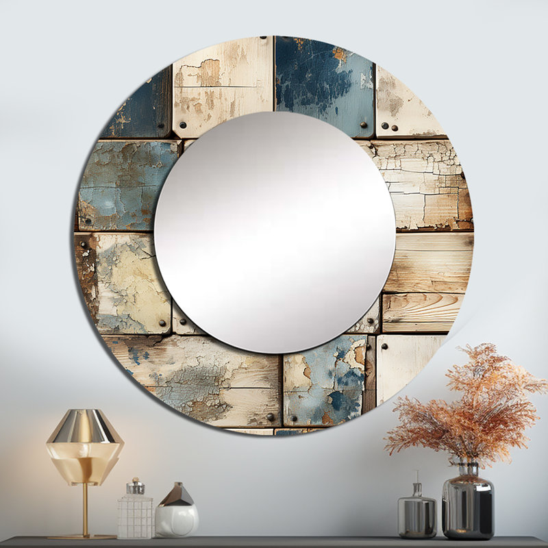 Rustic Modern Cubic Farmhous Planks - Vintage Round Mirror Wall Decor_MTMIR131310, 23" x 23"