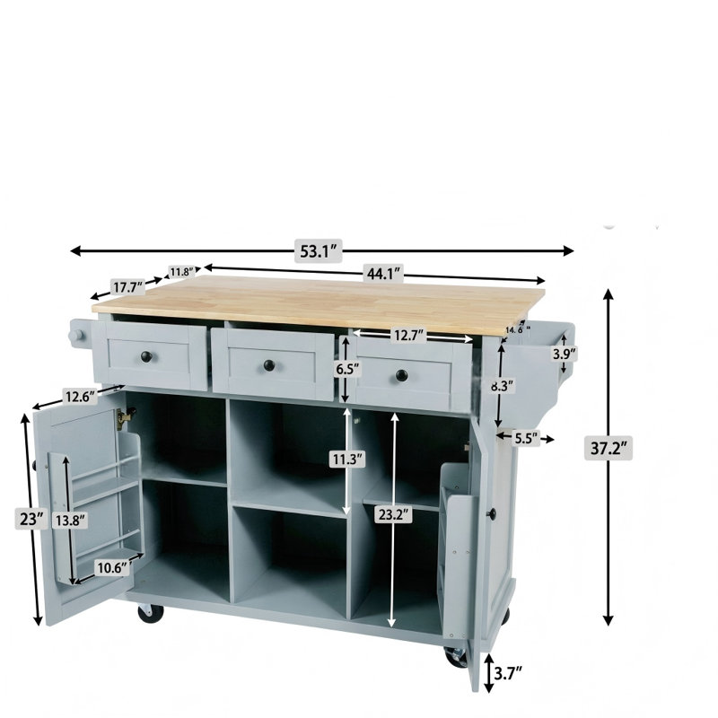 Kitchen Cart Featuring Rubberwood Fold-Down Countertop, Behind-Door Storage Compartments, 5 Casters, Base Cabinet, and 3 Drawers – For Dining Room Use, Grey Blue Finish