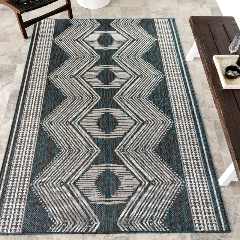 Tapis intérieur / extérieur Tribal, Bleu / Ivoire, Rectangle 4 pi x 6 pi
