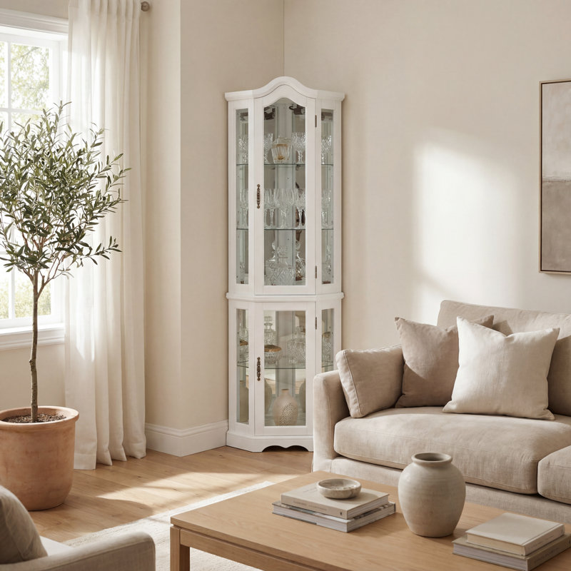 Vitrine de coin traditionnelle Ashbourne avec portes vitrées et tablettes, Blanc doux
