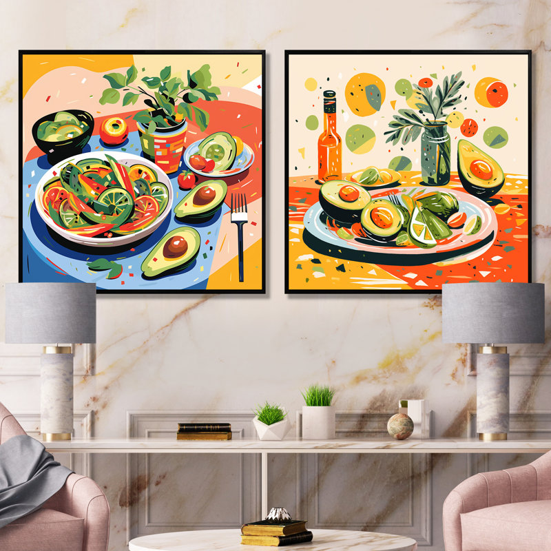 «Green and Red Avocado Impressionist I», ensemble de 2 reproductions d'art sur toile, Cadre flottant noir