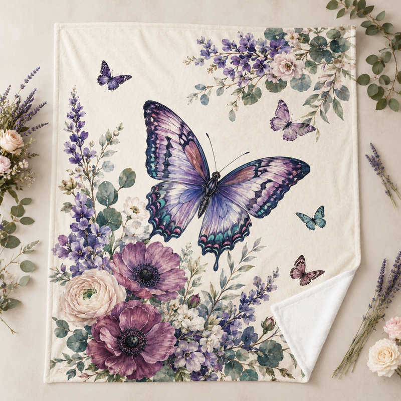 Jeté floral mauve papillon, L 50 po x l 40 po