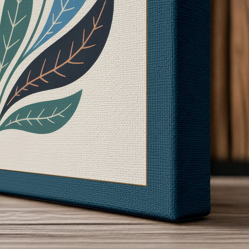 Symmetrical Daisy Folk Botanical - Wrapped Canvas, 24x16 - 61.0 x 40.6 cm, Teal Border