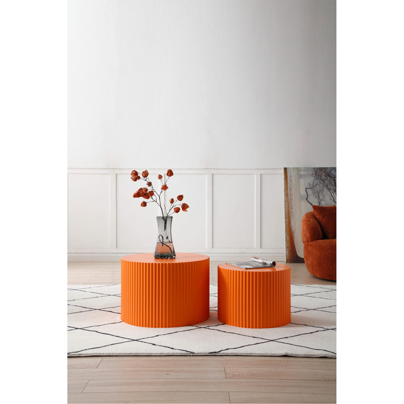 Ensemble de 2 tables gigognes en MDF, table basse artisanale ronde pour le salon / espace de loisirs, orange