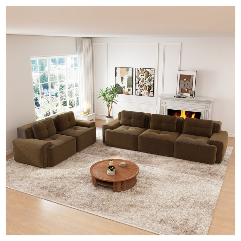 Ensemble de canapé modulaire 5 places en velours côtelé brun avec assise profonde et configuration flexible, Brown