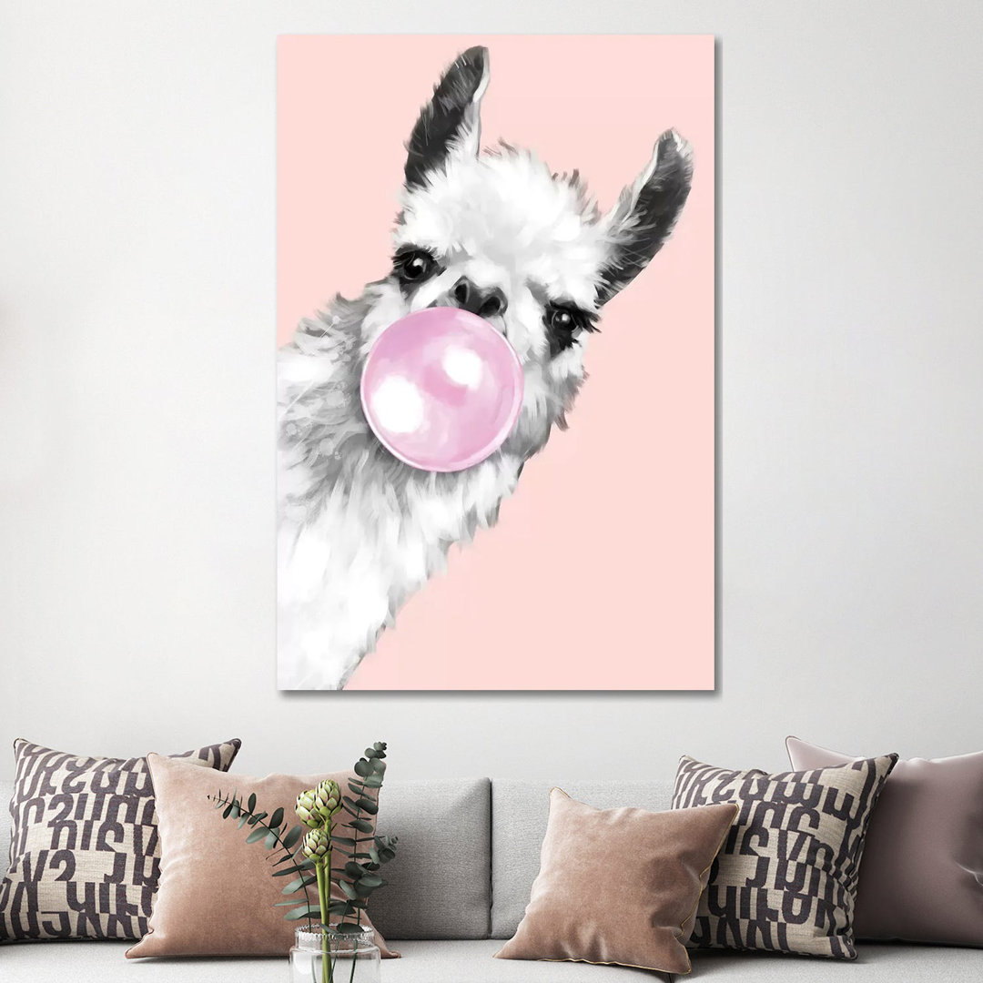 Sneaky Llama Blowing Bubble Gum by Big Nose Work - Print on Canvas