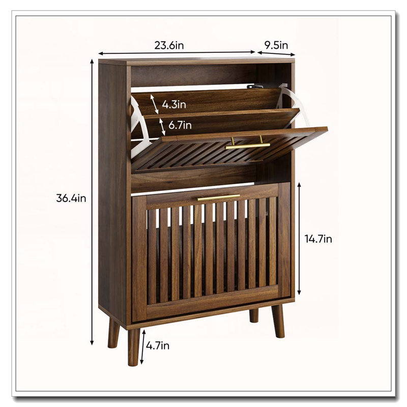 23.6-inch walnut shoe cabinet, 36.4" H x 23.6" W x 9.5" D