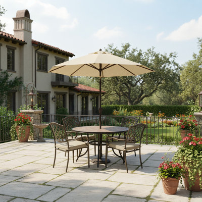  Ensemble de salle à manger d'extérieur 5 pièces pour terrasse avec table ronde à carreaux et 4 chaises en fonte d'aluminium