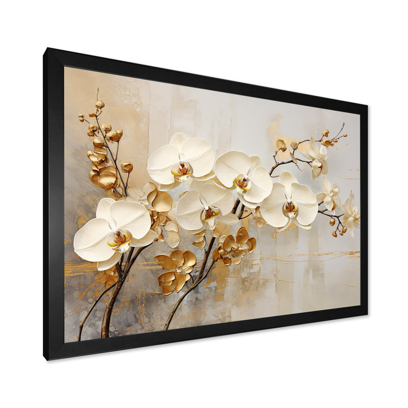 Minimalisme beige et orchidées dorées - impressions sur toile orchidées, H 34 po x l 44 po, Cadre photo unique, Noir