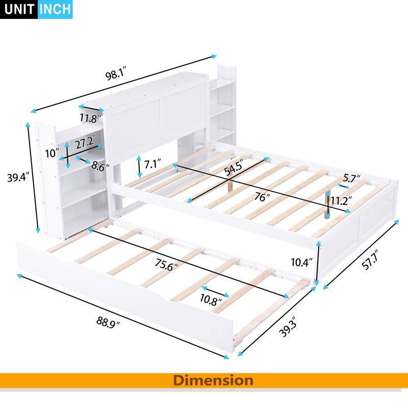 Lit plateforme avec rangement et tablettes gigognes, Lit double
