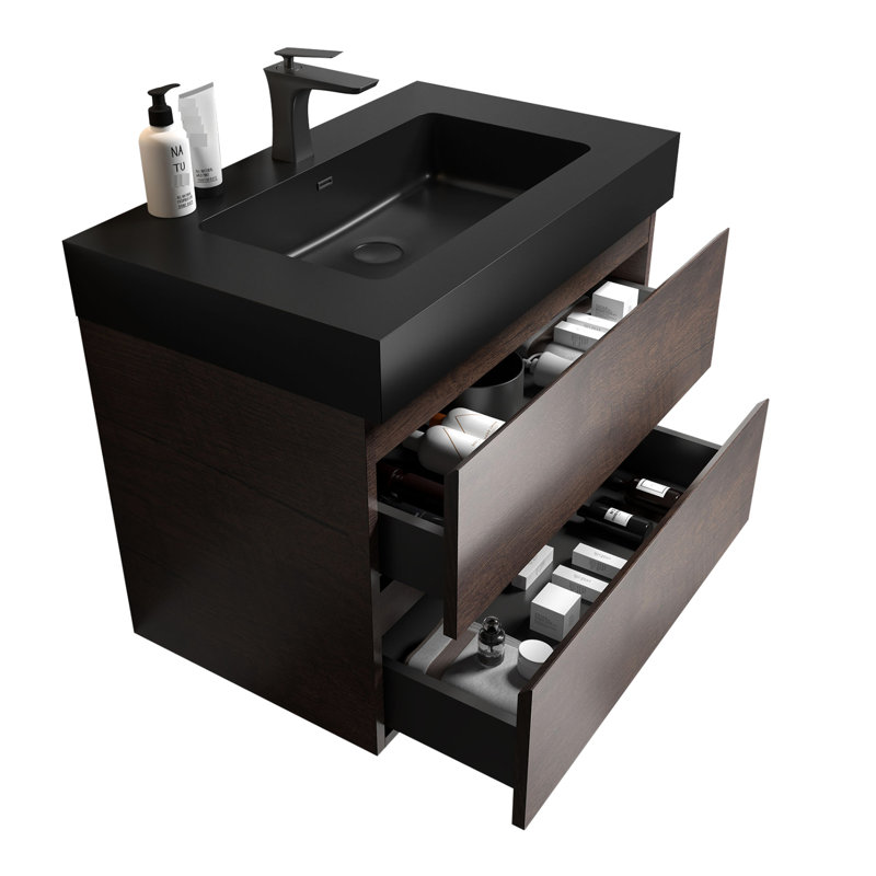 Meuble-lavabo flottant mural de 30 po, finition noyer, lavabo noir, grand rangement, tiroirs silencieux, meuble-lavabo à poignée avec et noir, monté, un triple, 45 en pente