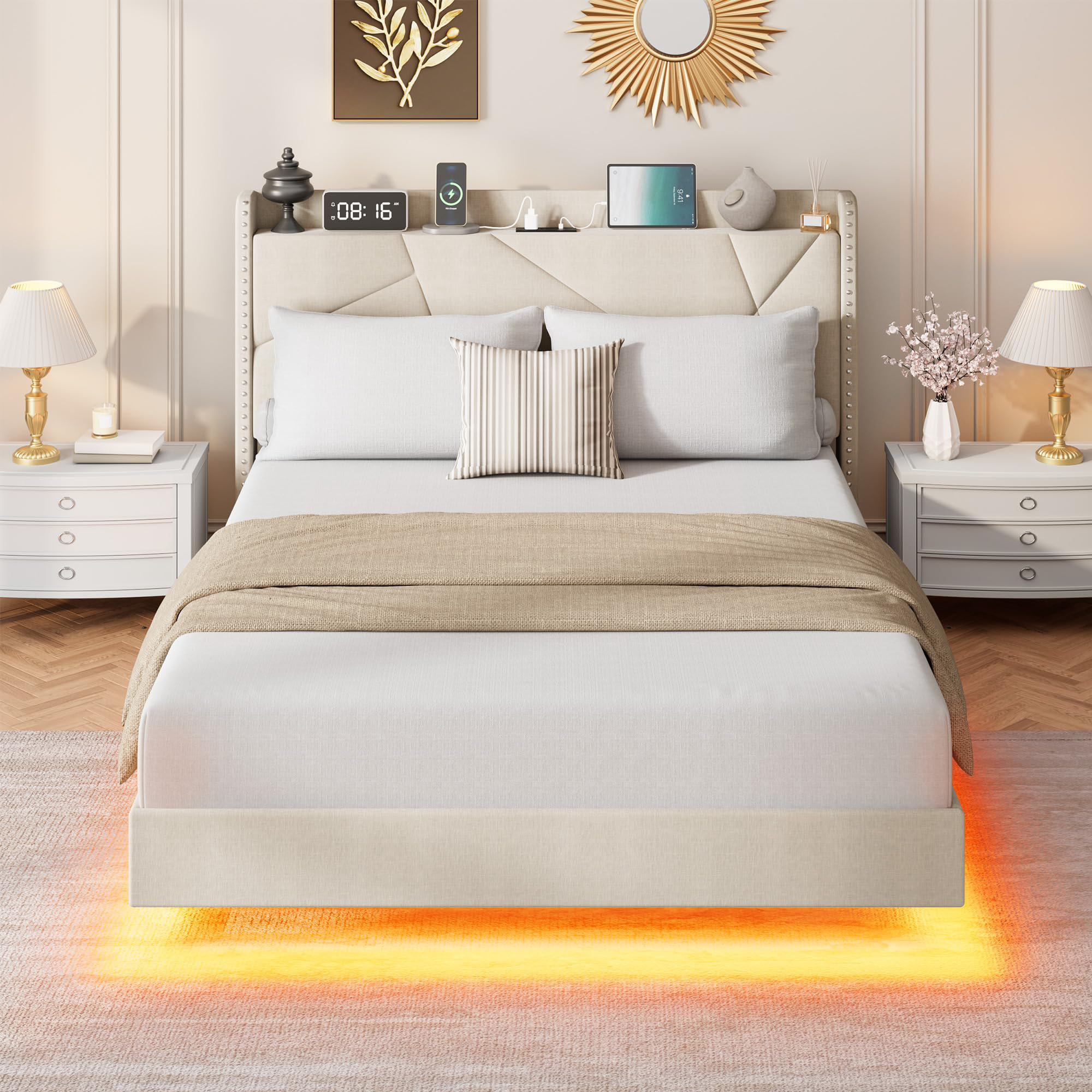Ebern Designs Full Floating Bed Frame with LED Lights, Storage ...