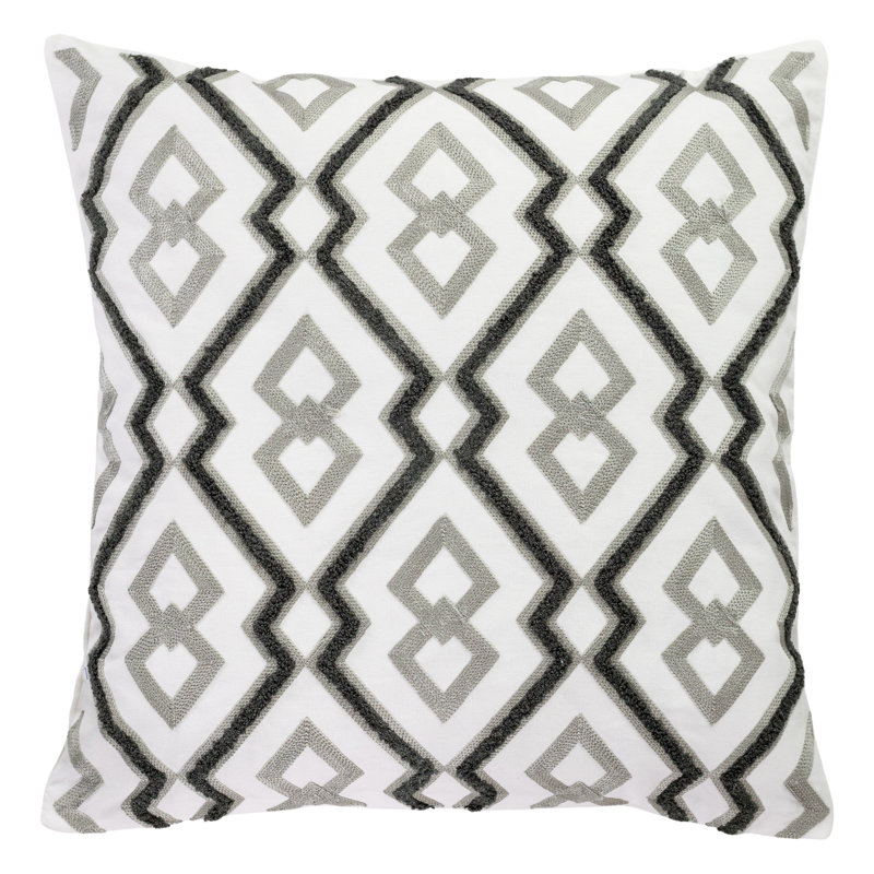 Embroidered Pillow Cover, Geometric, Gray/White