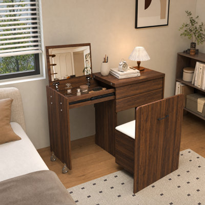 Bureau convertible de 119 cm avec miroir et tabouret de rangement, coiffeuse pliable 3 en 1 avec tiroirs et roulettes verrouillables, idéale pour les petits espaces (chambre, appartement, etc.).