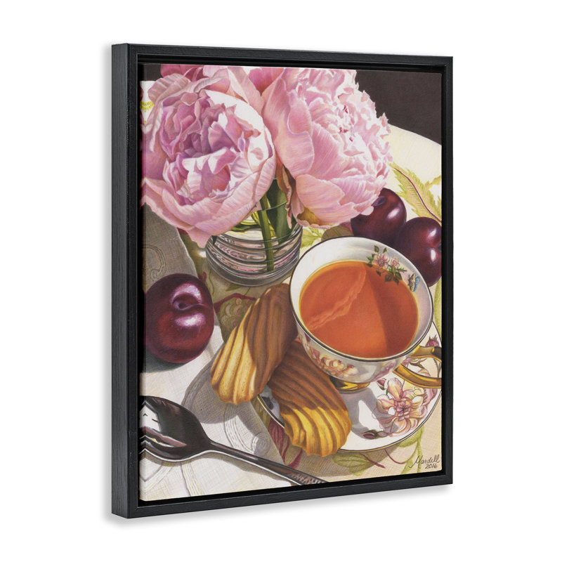 Thé avec pivoines et prunes, art mural encadré par Mardell Schuster, Cadre flottant noir de jais, H 21 po x l 17 po