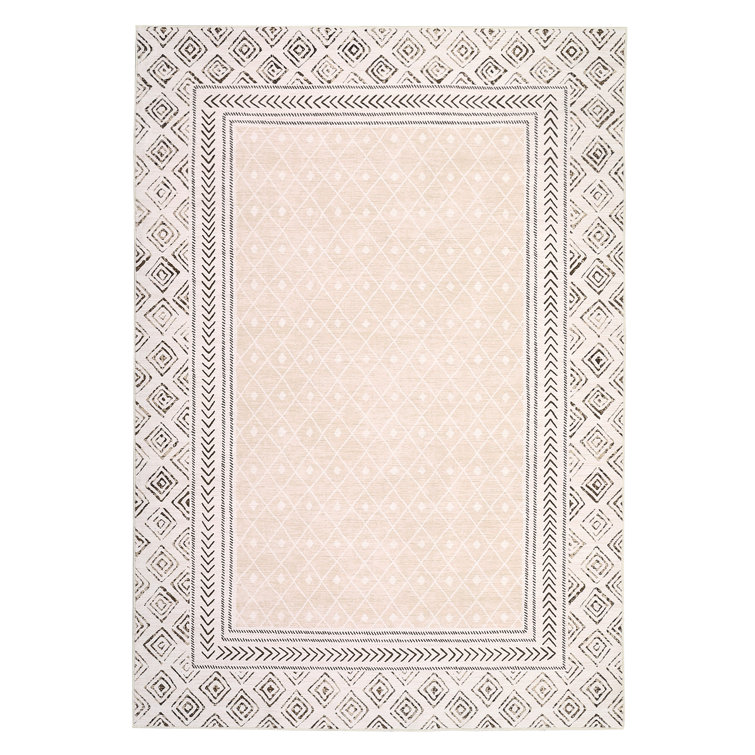 Geometric Bordered Machine Washable Rug with Rubber Backing for Living Room Modern Non-Slip Dining Room Rug Easy-Cleaning Floor Carpet for Bedroom