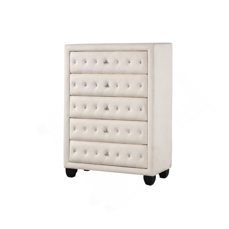 Commode capitonnée de style moderne avec 5 tiroirs et revêtement en velours