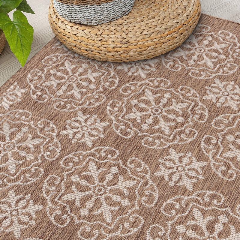 Tapis d'intérieur / extérieur à motif géométrique brun / beige Charmia, Rectangle 7 pi 10 po x 10 pi