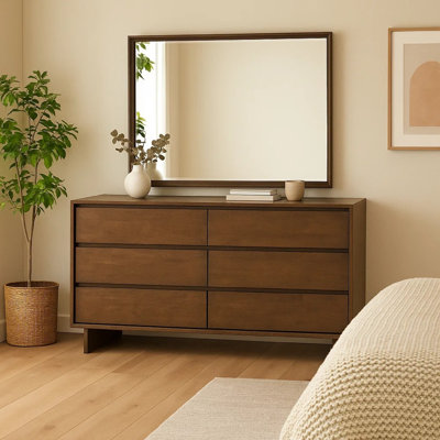 Genu Wide Dresser With Mirror, 6 Drawers, Beveled Glass, Brown Wood
