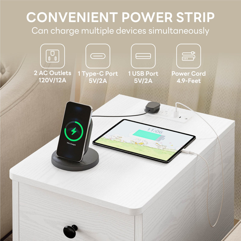 Modern Narrow Nightstand With Charging Station - 3-Drawer Storage, White