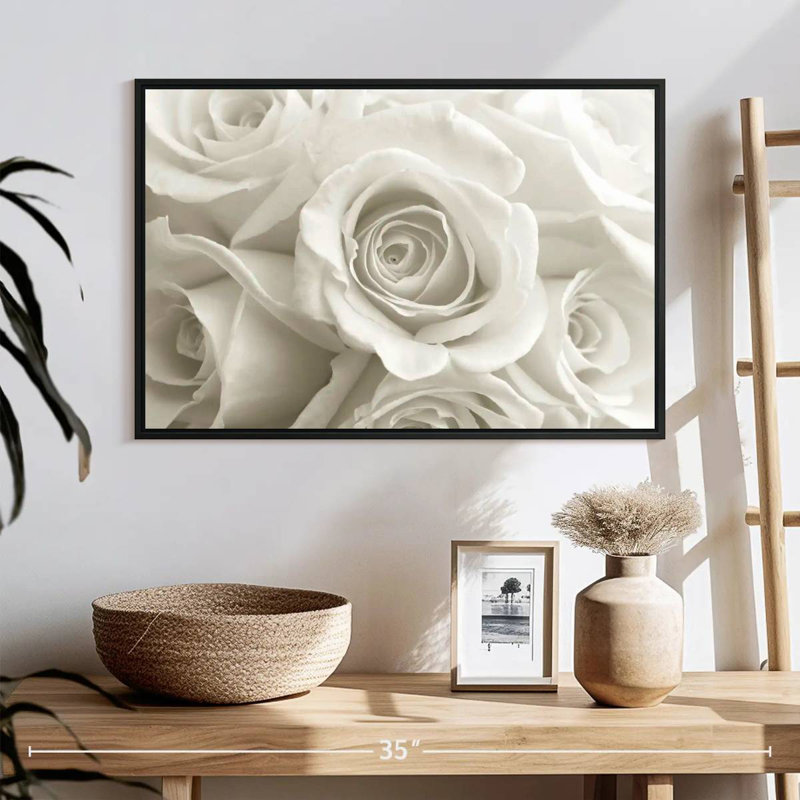 Roses blanches pures, 25 po x 17 po, Cadre flottant noir
