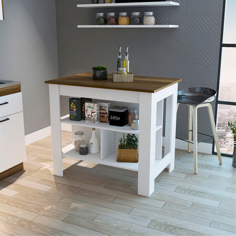 Îlot de cuisine, quatre pieds, trois tablettes, Brown/White, H 27,5 po x l 27,5 po x P 40,5 po