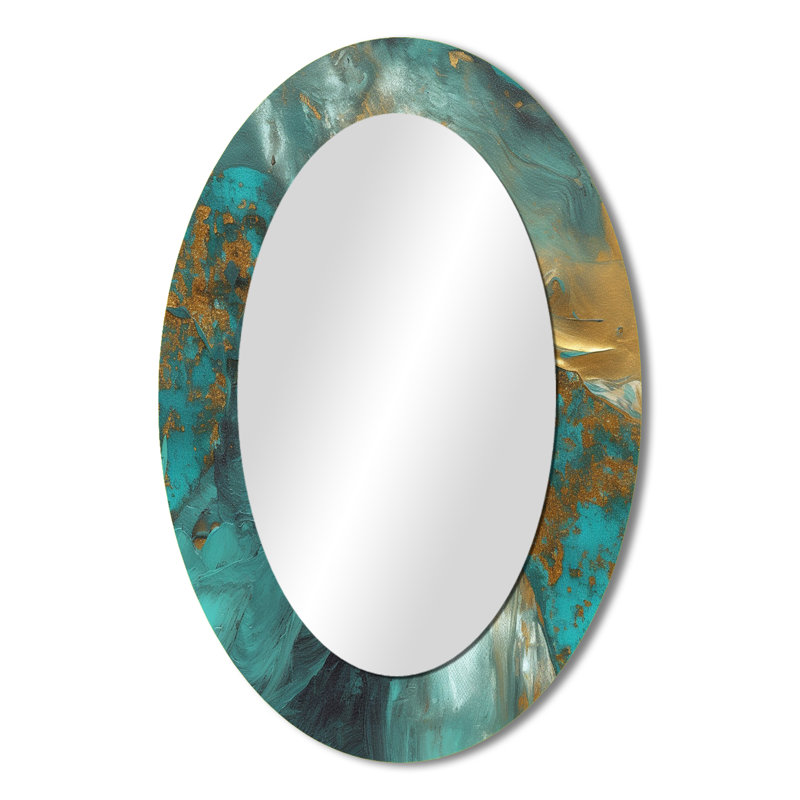 Golden Sunshine Wild Turquoise River Abstract IV - Gold Oval Wall Mirror Decor, 36" x 24"