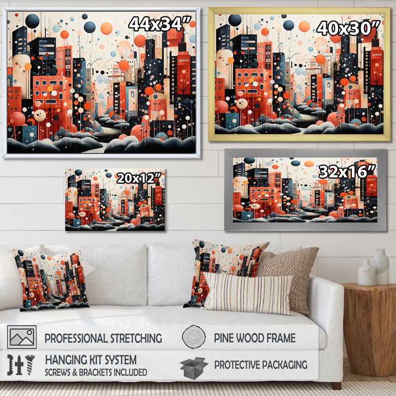 Orange, paysage urbain, art déco II, H 12 po x l 20 po x P 1 po, Cadre flottant doré