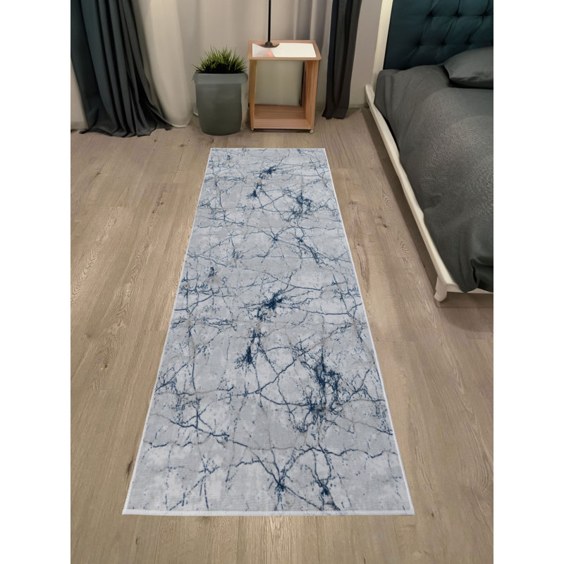 Custom Size Anti-Slip Gel Backing Marble Design Antibacterial Soft Pile Blue Grey Rug Runner by Feet, Runner 2'7" x 3'
