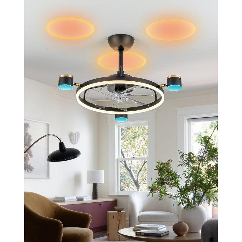 20" Smart Multi-Atmosphere Fandelier with 3 Dual-Directional Lamp Heads (RGB, Sunset Projection, & 3-CCT LED Ring), App Control Flush Mount Ceiling Fan with Quiet DC Motor