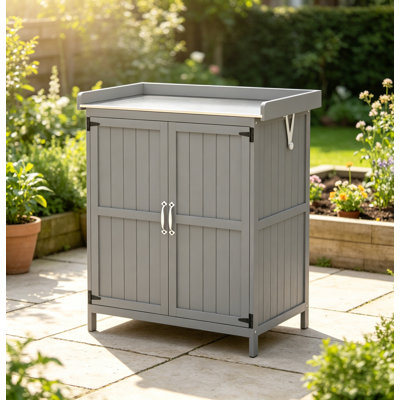 Banc de rempotage en bois de sapin massif avec plateau de table en acier inoxydable, armoire de rangement de jardin à 2 portes avec tablette intérieure ventilée, petite remise à outils de jardin