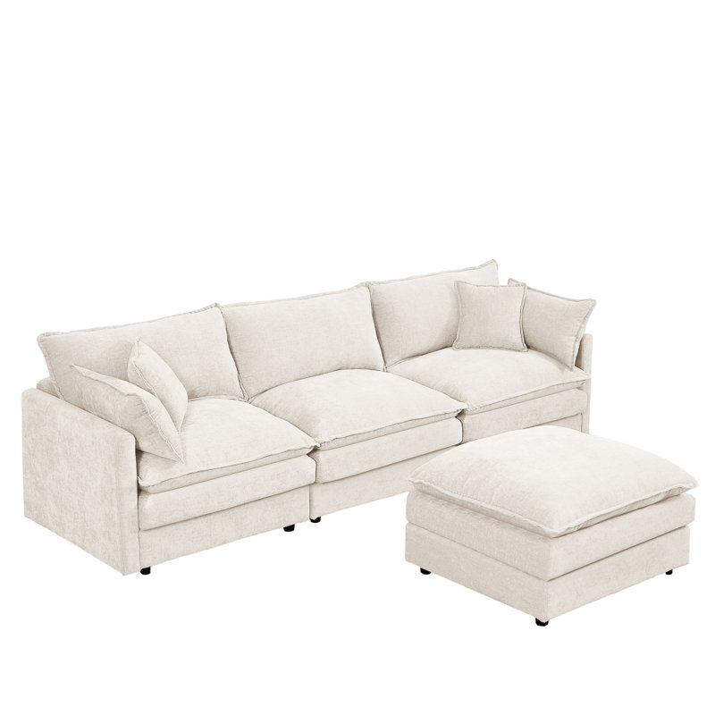 Modular Sectional Sofa, 102 Inch L Shaped Couch Set For Living Room, 3-Seater Comfy Cloud Couches With Movable Ottoman, DIY Combination, Chenille, Beige
