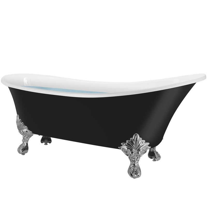 69" x 28" Clawfoot Soaking Fibreglass Bathtub, Black, Silver