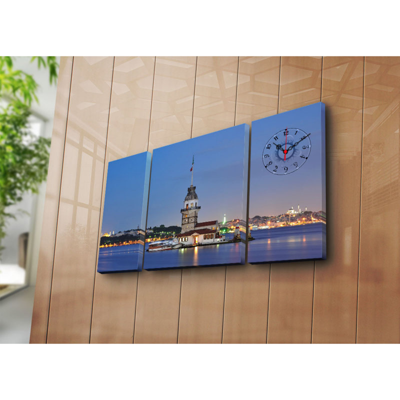 Horloge murale élégante en toile décorative (3 pièces), 33,5 po x 17,7 po | Toile 100% suède avec cadre 100% bois (épaisseur: 1,2 po) | Décoration élégante pour le salon et le bureau, design unique et horloge