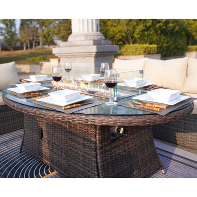 Table de foyer d'extérieur au propane, table de salle à manger d'extérieur en rotin 50 000 BTU avec réglages de chaleur réglables, brûleur en acier inoxydable et verre broyé, option de sièges pour plusieurs personnes pour le patio