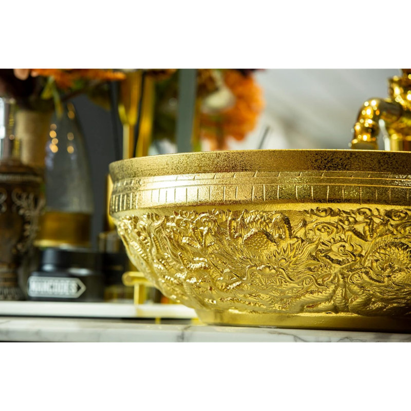 Gold Vessel Sink Round Bowl For Bathroom Countertop Ceramic Wash Basin With Hand Carved Dragon Pattern,L16.4"W16.4"