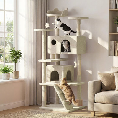 Cat Tree Multi Level Play Tower Condo Cat Sisal Scratching Posts with Perches, Ramp and Cat Self Groomer