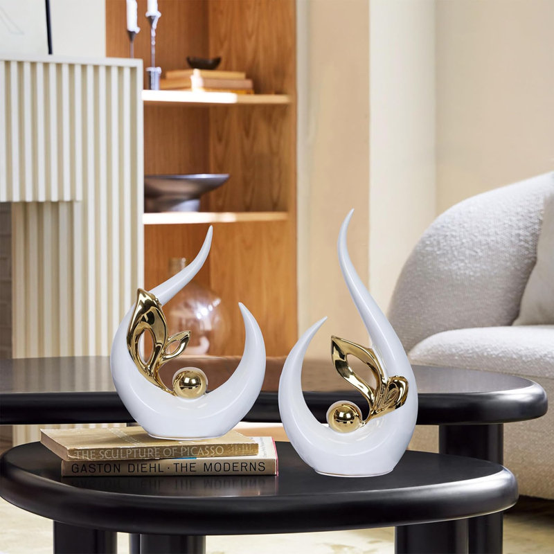 2 Pcs White Gold Ceramic Abstract Sculptures