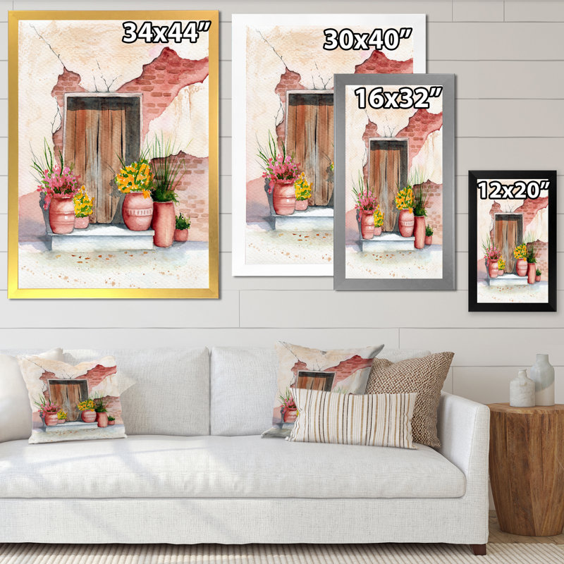 Vieille porte en bois, mur de briques et quelques plantes I - reproduction sur toile, H 44 po x l 34 po