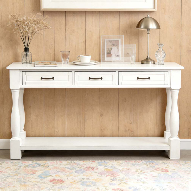 Console de 63 po de long en bois avec 3 tiroirs et 1 tablette inférieure, Blanc antique