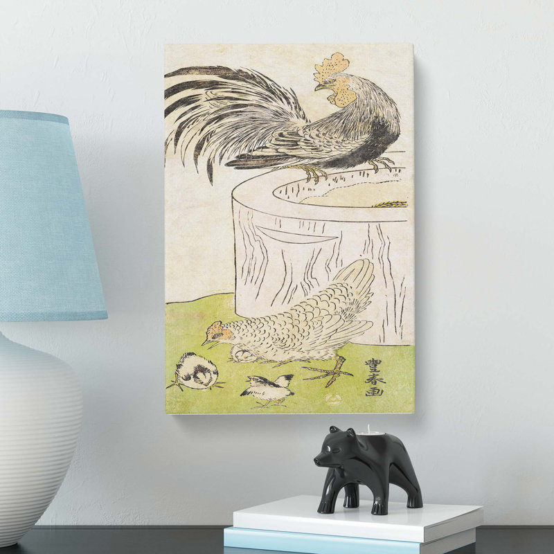 Cock With Hen & Chickens by Utagawa Toyoharu - Wrapped Canvas Painting, 50cm H x 35cm W x 3cm D