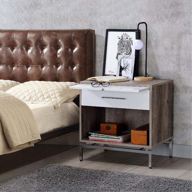 Table de chevet de chambre à coucher avec 1 tiroir et compartiment ouvert, chêne gris vieilli blanc, base en métal blanc, pour l'organisation