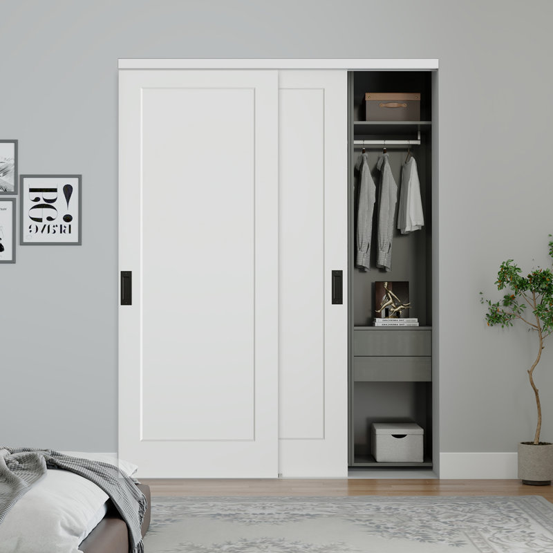 Portes de placard coulissantes 60 po x 80 po à 1 panneau blanc mat lissé avec trousse d'installation et quincaillerie noire matte
