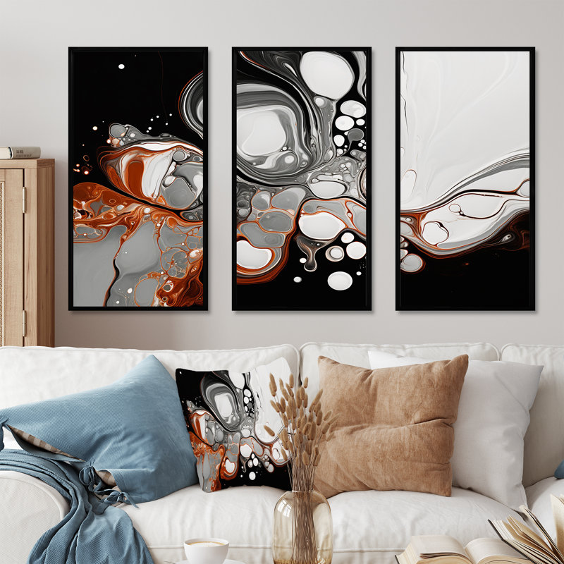 Encre liquide grise et noire Fusion IV - Minimalisme, art mural, Cadre flottant noir, H 32 po x l 48 po x P 1 po