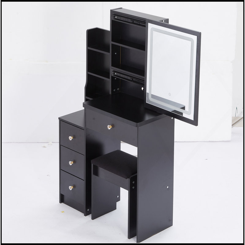 29.2" Small Size Left Bedside Cabinet Vanity Table + Cushioned Stool, Large Sliding, Touch Control, Tri-Color Switching, Brightness Adjust LED Mirror, High Capacity Storage, Suitable For Small Space