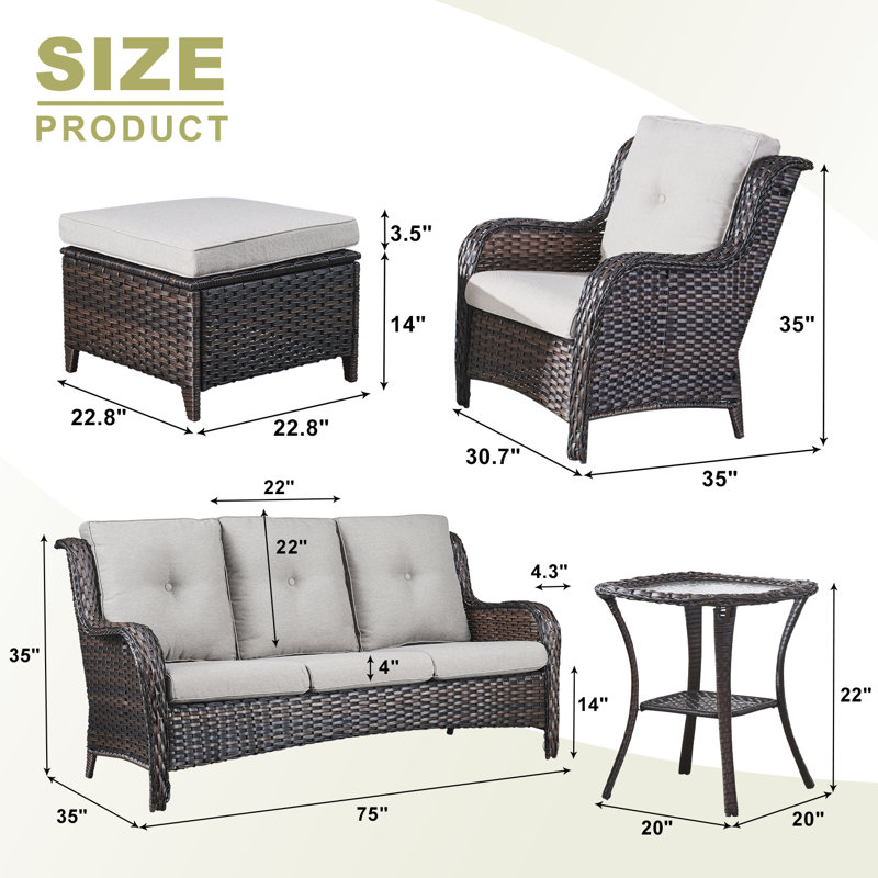 Bonia Wicker 5 - Person Patio Conversation Set with Cushions, Beige, Brown