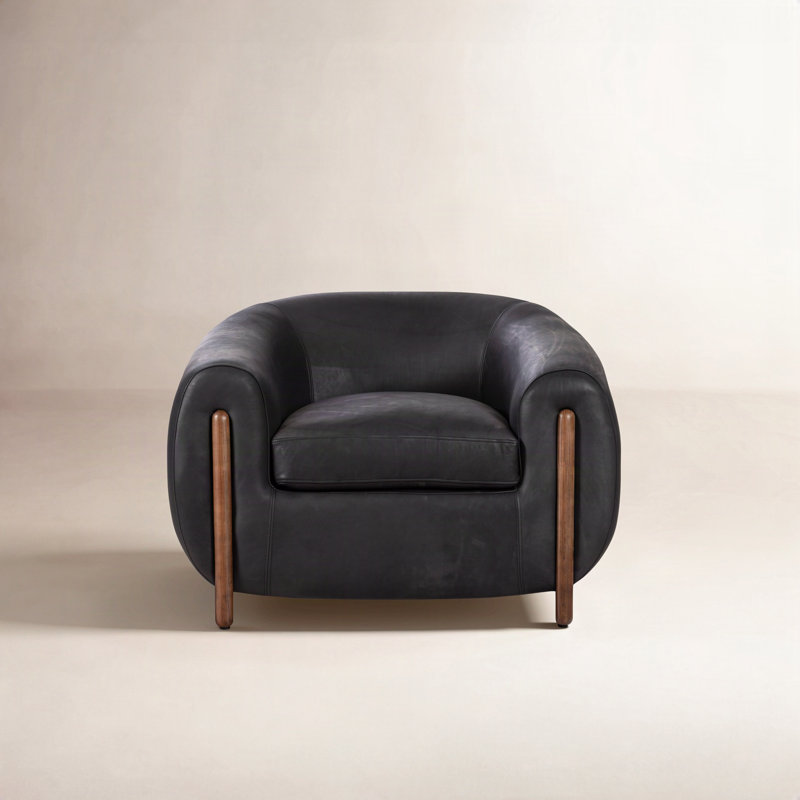 Bruno Oak Genuine Leather Barrel Chair, Valencia Camel Leather